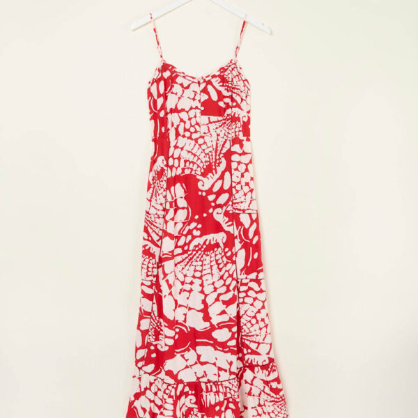 Fatface Women's Printed V-Neck Strappy Midi Tiered Dress - 14REG - Red Mix, Red Mix