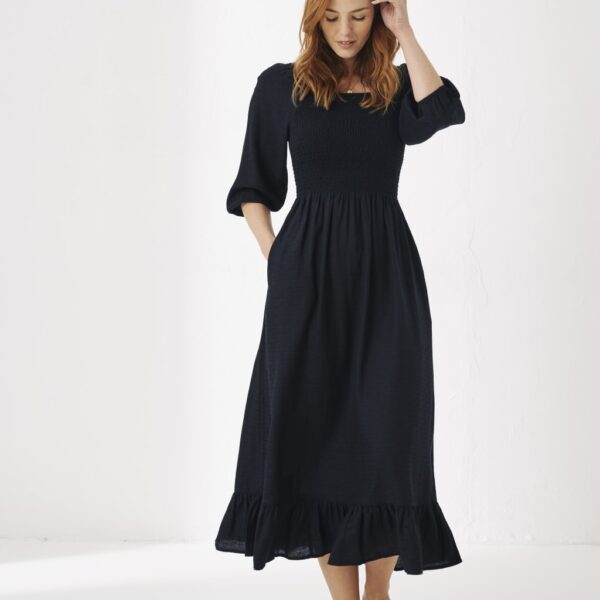 Fatface Women's Textured Midi Tiered Dress with Linen - 6SHT - Black, Black