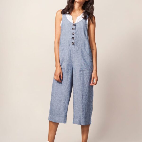 White Stuff Women's Pure Linen Button Front Cropped Dungarees - 20 - Blue, Blue