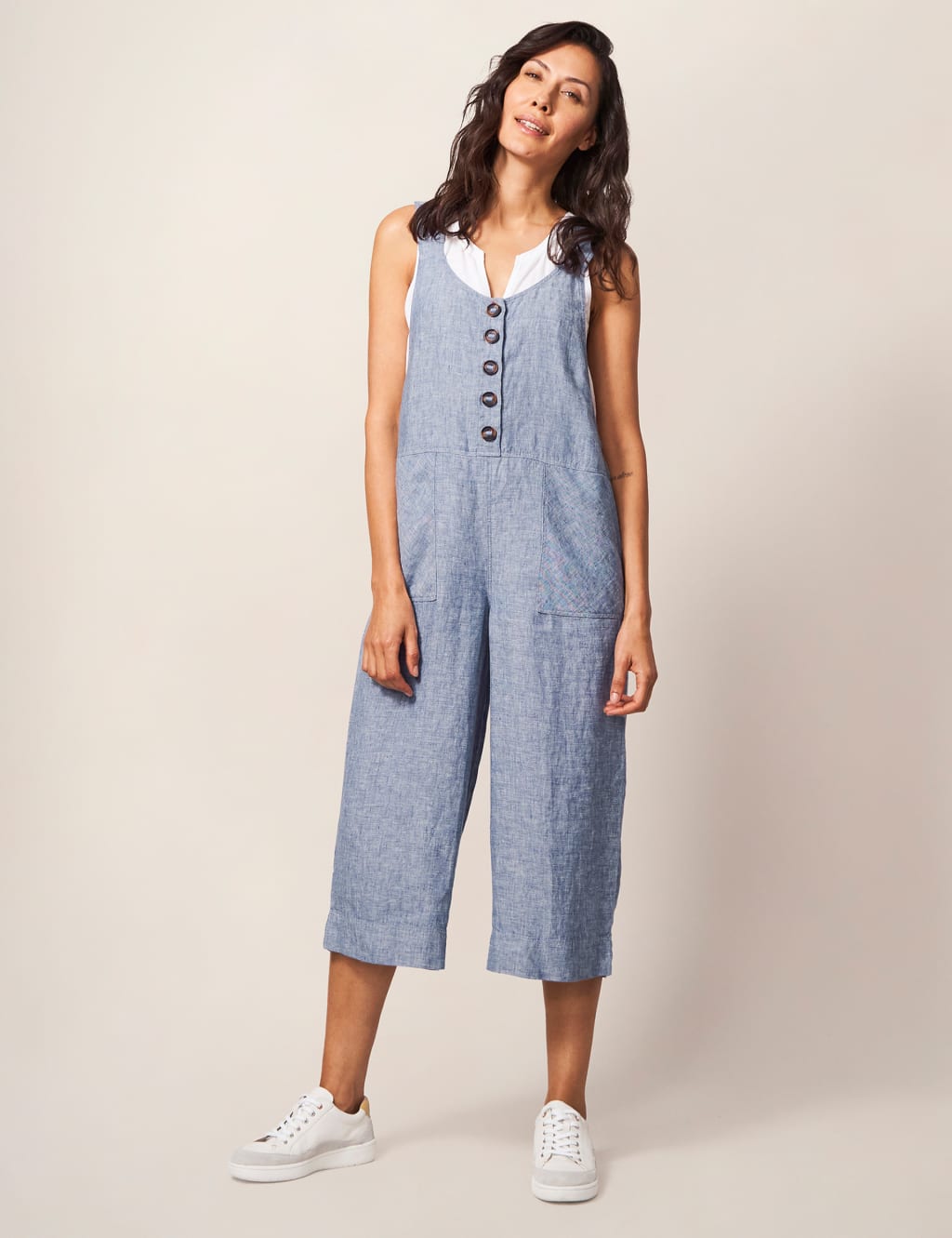 White Stuff Women's Pure Linen Button Front Cropped Dungarees - 20 - Blue, Blue