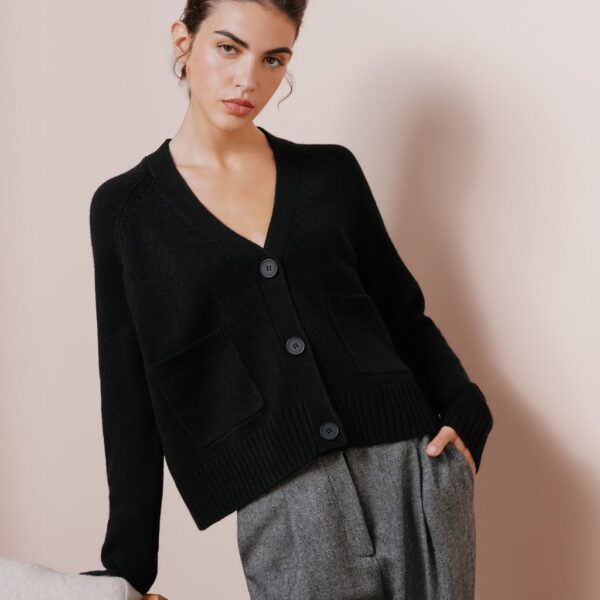 Albaray Women's V-Neck Relaxed Cardigan with Wool - 10 - Black, Black,Cream