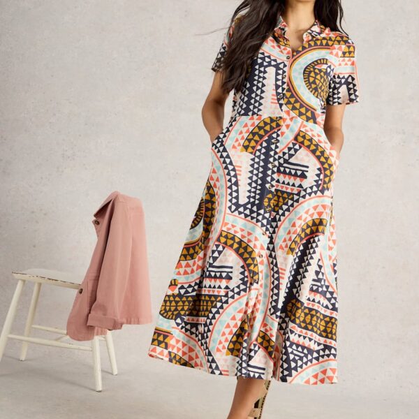 White Stuff Women's Jersey Printed Collared Midi Shirt Dress - 10REG - White Mix, White Mix