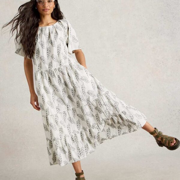 White Stuff Women's Pure Cotton Jacquard Midi Tiered Dress - 10REG - White Mix, White Mix