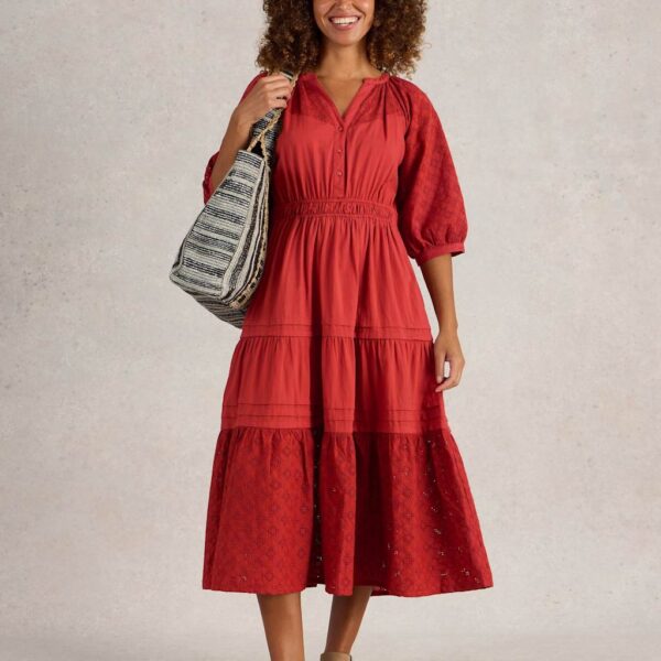 White Stuff Women's Pure Cotton Broderie V-Neck Midi Tiered Dress - 12REG, Red