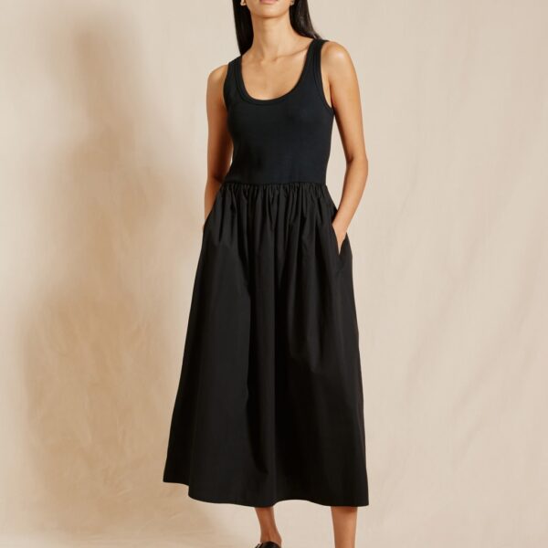 Albaray Women's Pure Cotton Scoop Neck Midi Waisted Dress - 8 - Black, Black