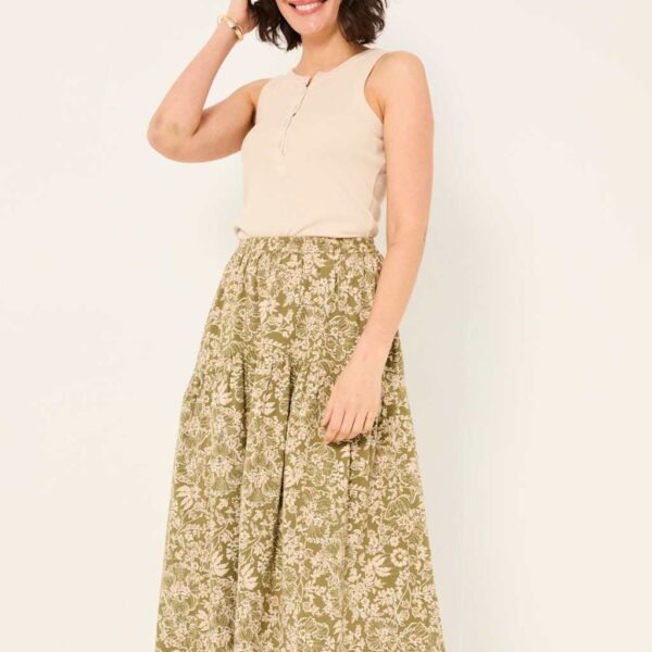 Fatface Women's Pure Cotton Floral Tiered Midi Skirt - 12REG - Khaki Mix, Khaki Mix