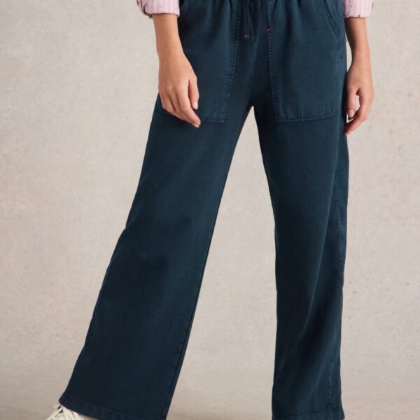 White Stuff Women's Pure Cotton Jersey Wide Leg Trousers - 12REG - Med Blue Denim, Med Blue Denim,Black