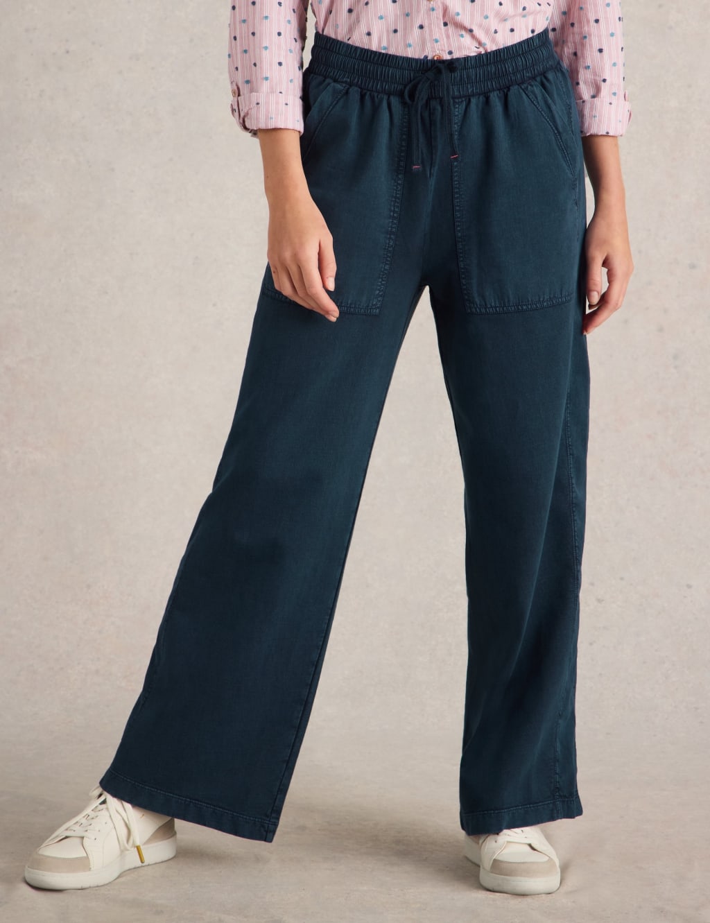 White Stuff Women's Pure Cotton Jersey Wide Leg Trousers - 12REG - Med Blue Denim, Med Blue Denim,Black