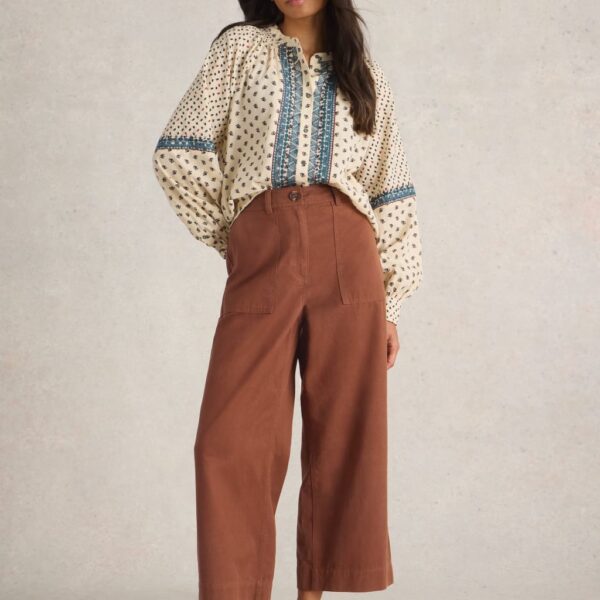 White Stuff Women's Cotton Blend Wide Leg Cropped Trousers - 14REG - Tan, Tan,Green