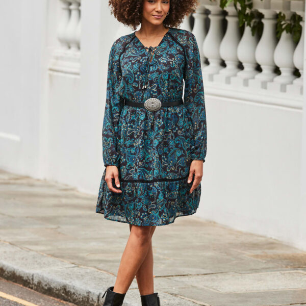 Sosandar Women's Paisley V-Neck Knee Length Skater Dress - 14 - Navy/Blue, Navy/Blue