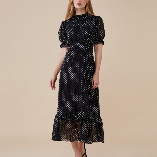 Finery London Women's Polka Dot High Neck Midi Waisted Dress - 20 - Black Mix, Black Mix