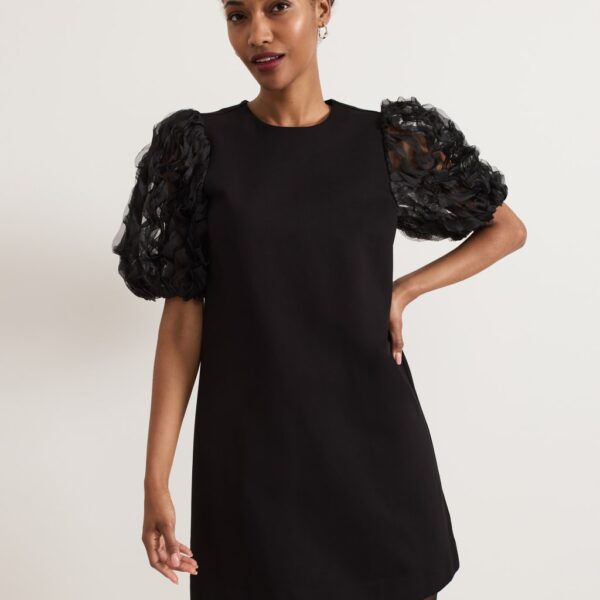 Phase Eight Women's Textured Ruffle Sleeve Mini Shift Dress - 10 - Black, Black