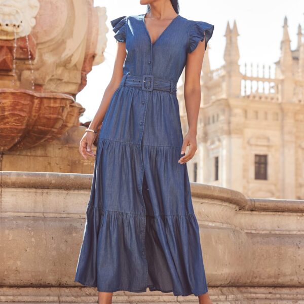 Sosandar Women's Cotton Rich V-Neck Maxi Tiered Dress - 16 - Indigo, Indigo