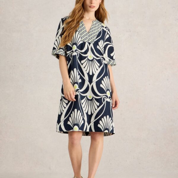 White Stuff Women's Pure Linen Printed Mini Tea Dress - 12REG - Navy Mix, Navy Mix
