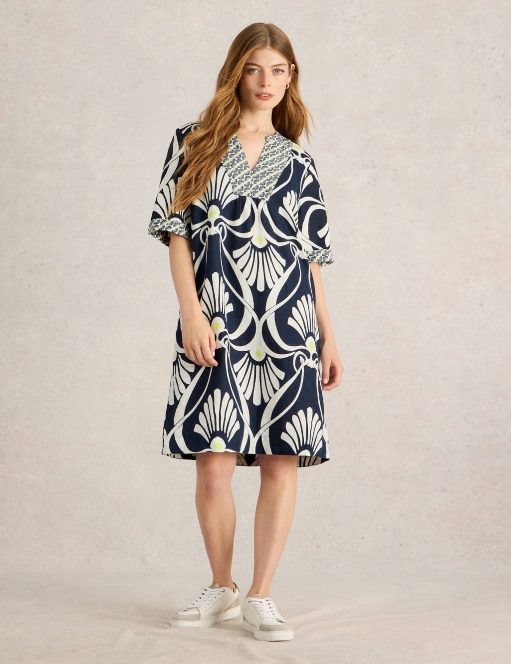 White Stuff Women's Pure Linen Printed Mini Tea Dress - 12REG - Navy Mix, Navy Mix