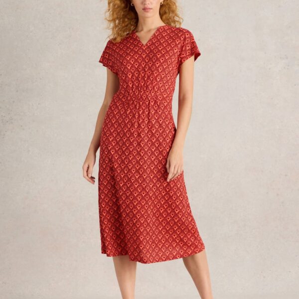White Stuff Women's Pure Linen Jersey Printed V-Neck Midi Dress - 12REG - Red Mix, Red Mix