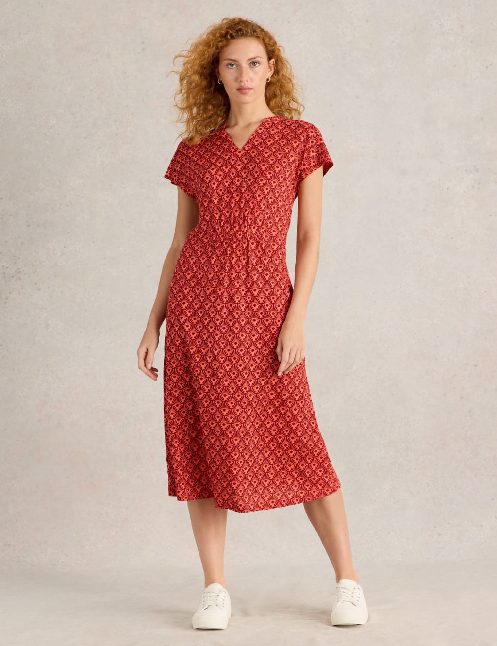 White Stuff Women's Pure Linen Jersey Printed V-Neck Midi Dress - 12REG - Red Mix, Red Mix