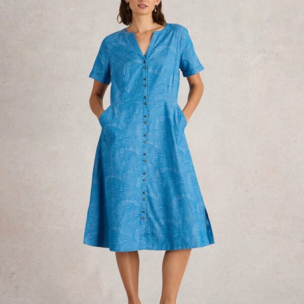 White Stuff Women's Pure Cotton Jacquard V-Neck Midi Tea Dress - 12REG - Blue, Blue