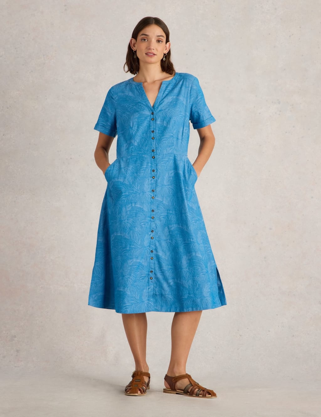 White Stuff Women's Pure Cotton Jacquard V-Neck Midi Tea Dress - 12REG - Blue, Blue