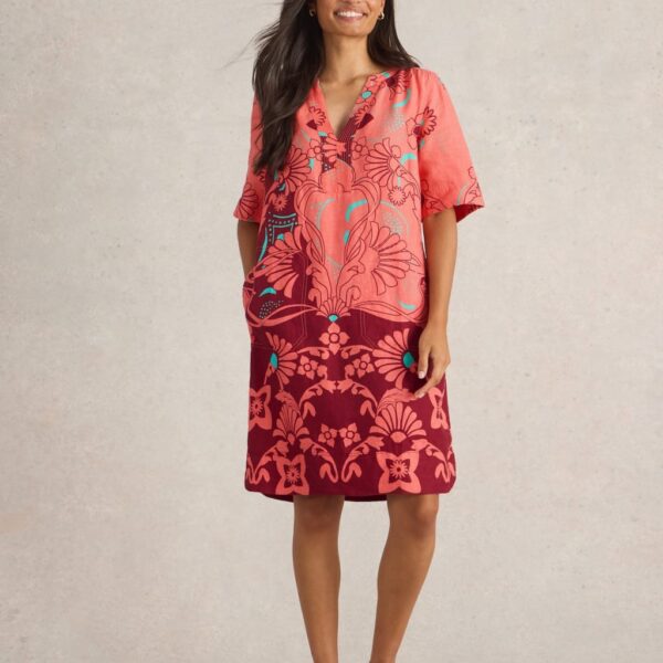White Stuff Women's Pure Linen Printed Knee Length Relaxed Dress - 12REG - Red Mix, Black Mix,Red Mix