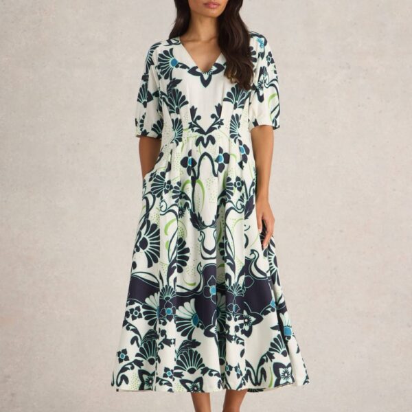 White Stuff Women's Linen Blend Printed Midaxi Waisted Dress - 10REG - White Mix, White Mix