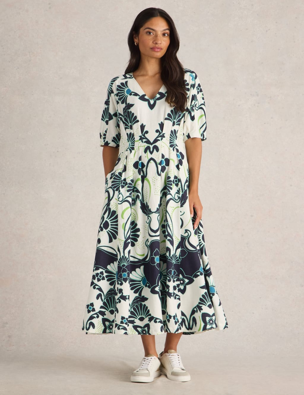 White Stuff Women's Linen Blend Printed Midaxi Waisted Dress - 10REG - White Mix, White Mix