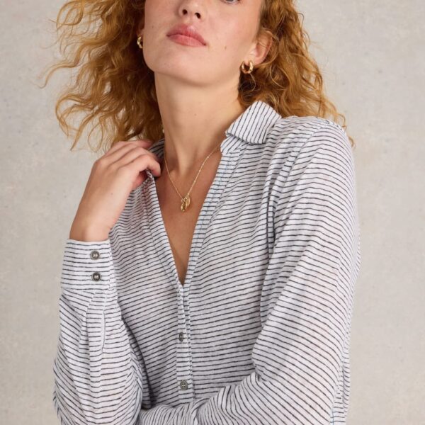 White Stuff Women's Pure Linen Striped Collared Shirt - 10 - White Mix, White Mix