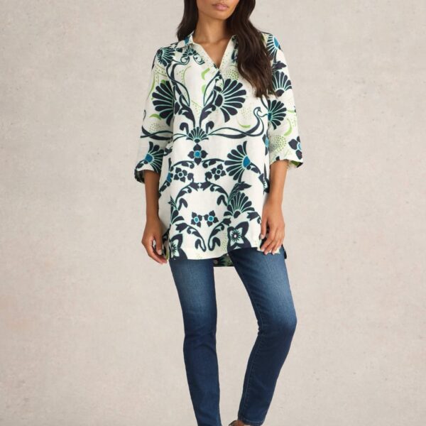 White Stuff Women's Pure Linen Printed Collared Tunic - 14REG - White Mix, White Mix,Red Mix,Navy