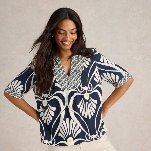 White Stuff Women's Linen Rich V-Neck Top - 12 - Navy Mix, Green Mix,Navy Mix