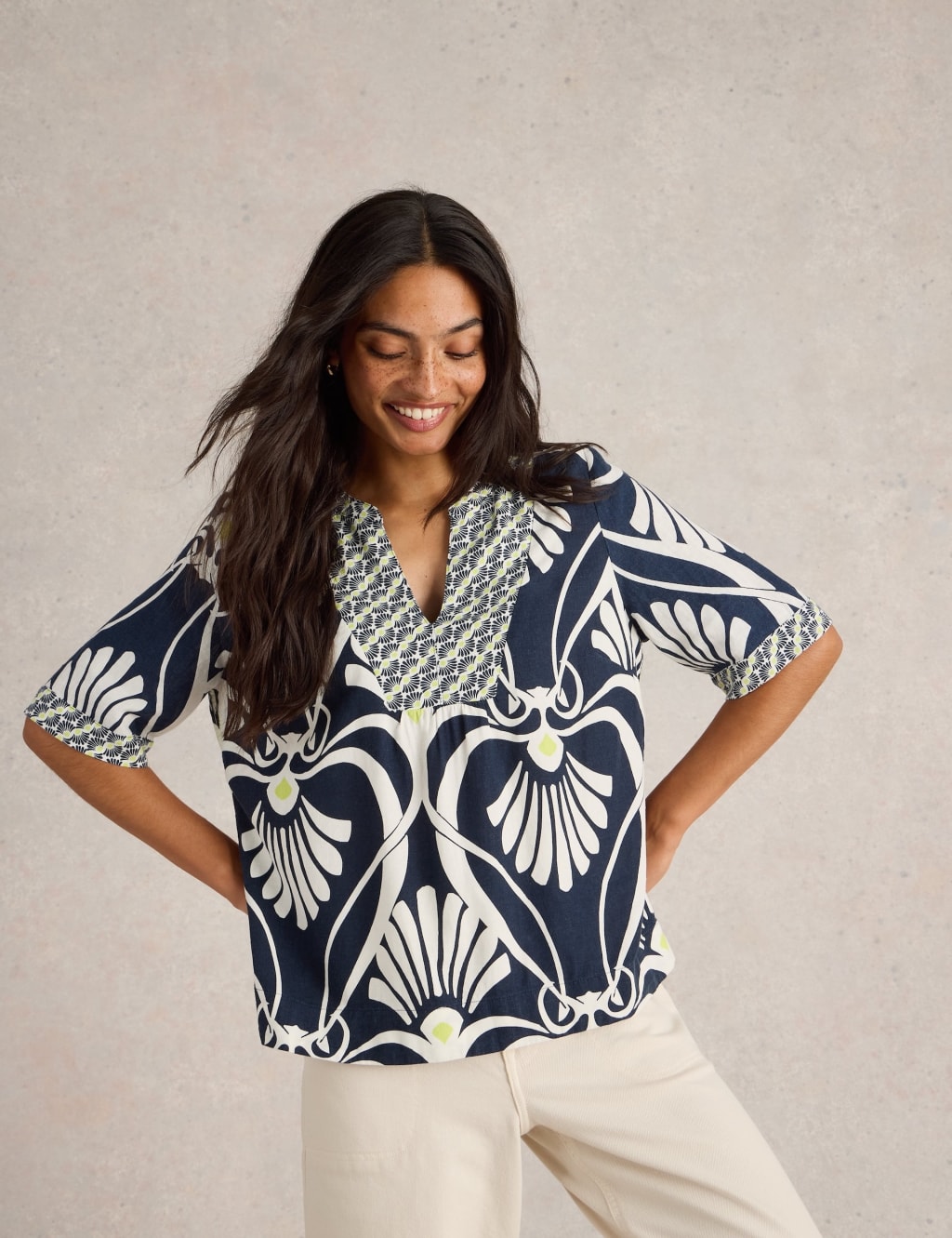 White Stuff Women's Linen Rich V-Neck Top - 12 - Navy Mix, Green Mix,Navy Mix