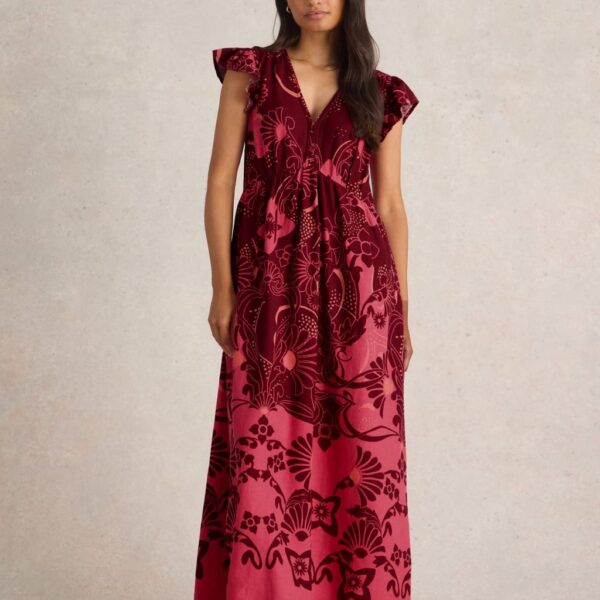 White Stuff Women's Linen Blend Printed Maxi Waisted Dress - 12REG - Red Mix, Red Mix