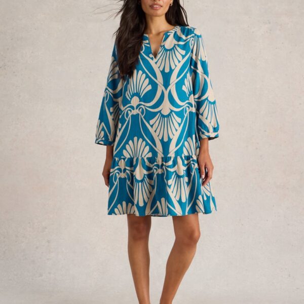 White Stuff Women's Linen Rich Printed Tea Dress - 14REG - Blue Mix, Blue Mix