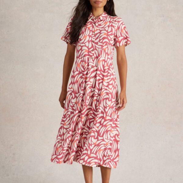 White Stuff Women's Cotton Modal Printed V Neck Midi Shirt Dress - 12REG - Pink Mix, Pink Mix