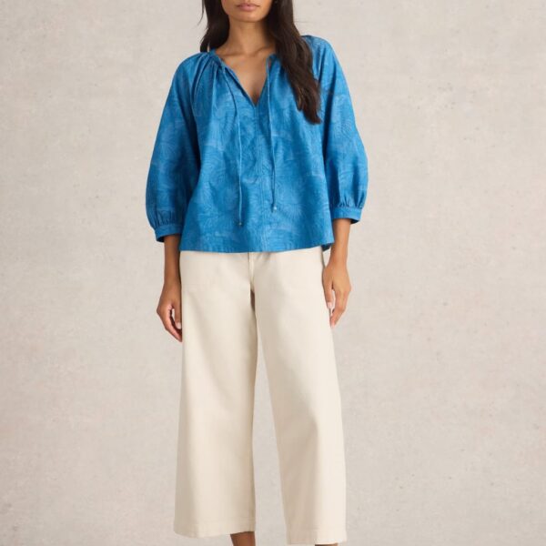 White Stuff Women's Cotton Rich Jacquard Tie Neck Blouse - 12 - Blue, Blue