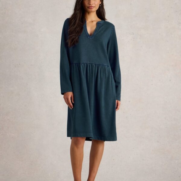 White Stuff Women's Denim Notch Neck Knee Length Tea Dress - 12REG - Med Blue Denim, Med Blue Denim