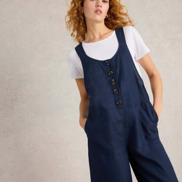 White Stuff Women's Pure Linen Cropped Dungarees - 12REG - Navy, Navy,Natural