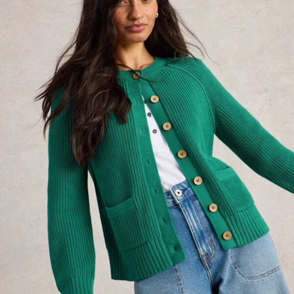 White Stuff Women's Pure Cotton Ribbed Crew Neck Cardigan - 14 - Green, Green