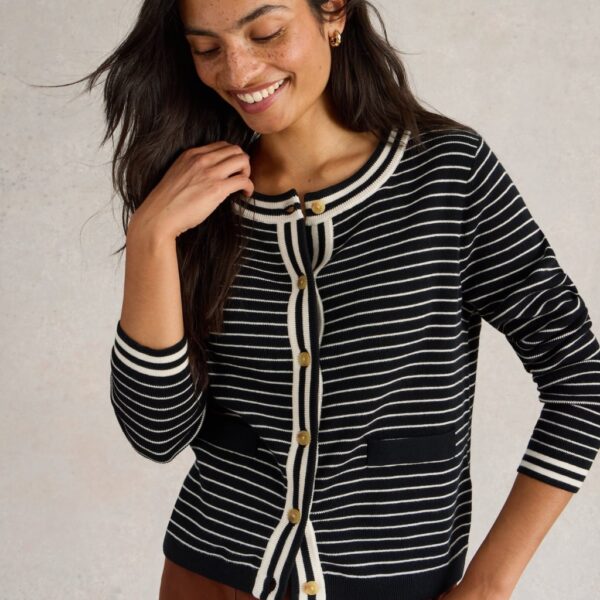 White Stuff Women's Pure Cotton Striped Button Front Cardigan - 10 - Black Mix, Black Mix