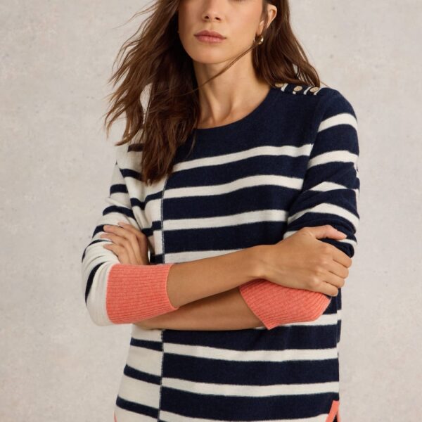 White Stuff Women's Wool Blend Striped Crew Neck Jumper - 8 - Navy Mix, Navy Mix