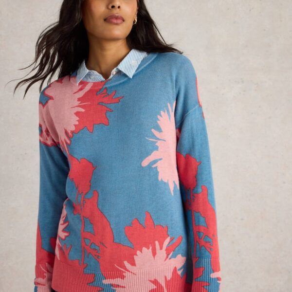 White Stuff Women's Cotton Rich Floral Jumper - 12 - Blue Mix, Blue Mix