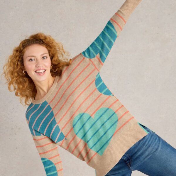 White Stuff Women's Cotton Rich Striped Heart Jumper - 12 - Natural Mix, Natural Mix