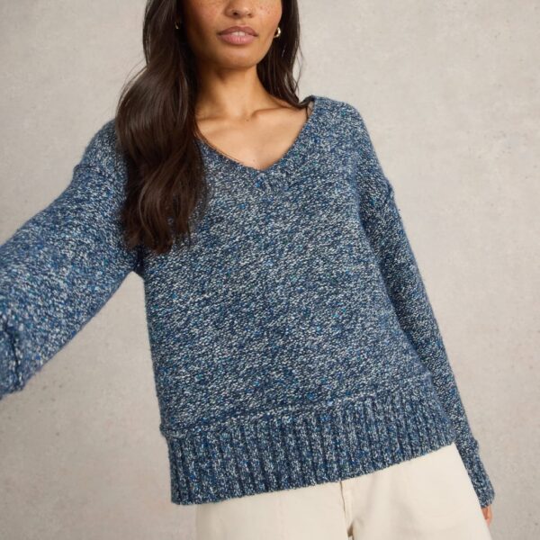 White Stuff Women's Cotton Rich Textured V-Neck Jumper - 10 - Navy, Navy,Pink,Green