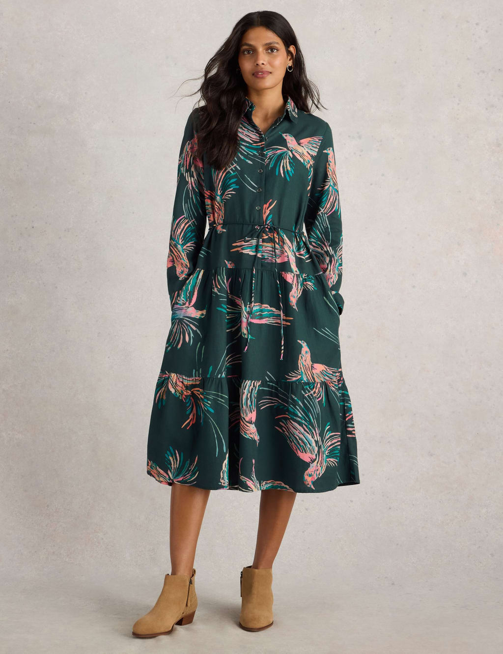 White Stuff Women's Cotton Blend Printed Midi Shirt Dress - 14REG - Green Mix, Green Mix