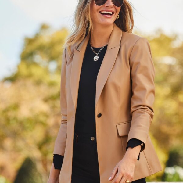 Sosandar Women's Faux Leather Single Breasted Blazer - 14 - Tan, Tan