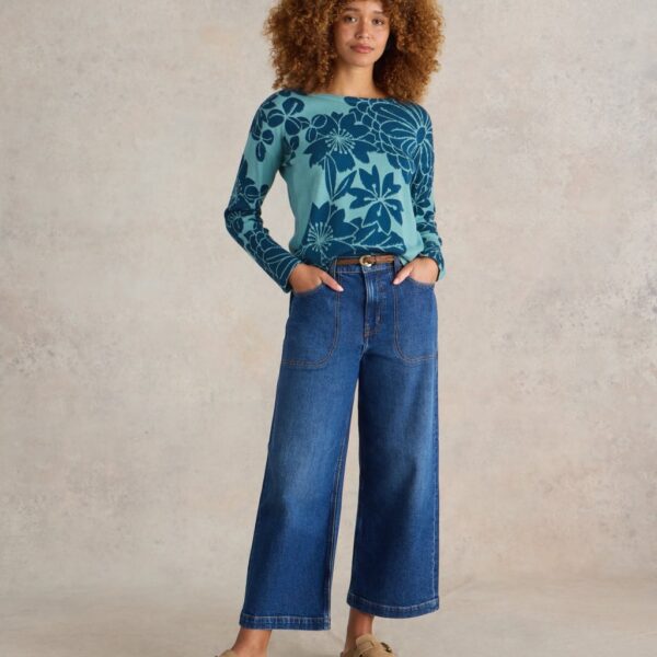 White Stuff Women's Cotton Rich Floral Crew Neck Jumper - 8 - Blue Mix, Blue Mix