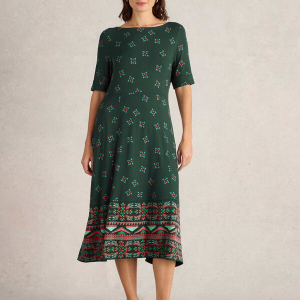 White Stuff Women's Jersey Printed Round Neck Midi Tea Dress - 10REG - Green Mix, Green Mix