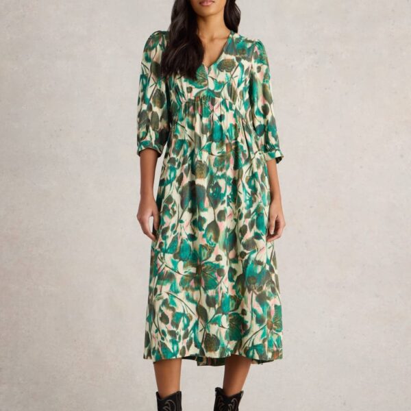 White Stuff Women's Floral V-Neck Midi Tea Dress - 12REG - Green Mix, Green Mix,Pink Mix