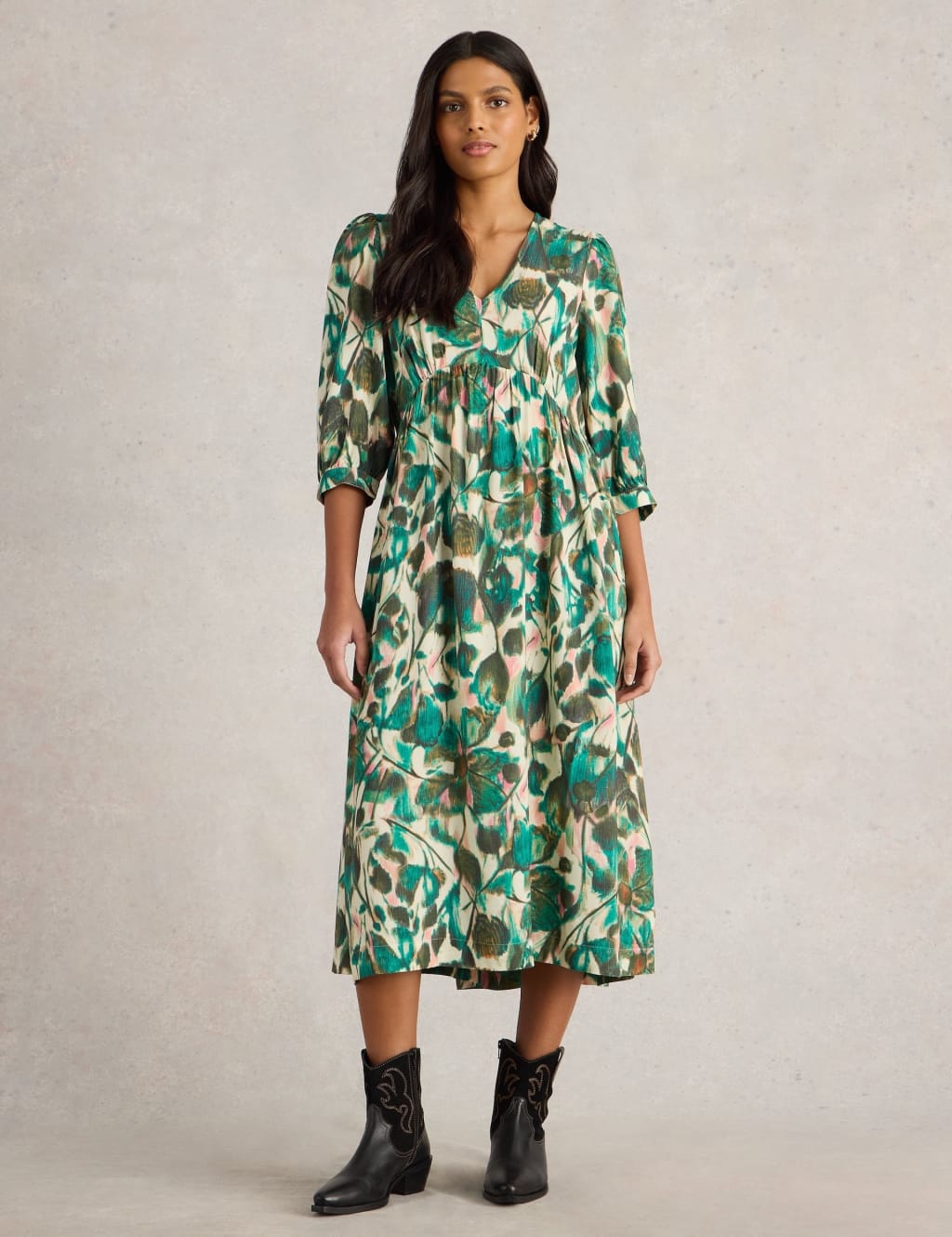 White Stuff Women's Floral V-Neck Midi Tea Dress - 12REG - Green Mix, Green Mix,Pink Mix
