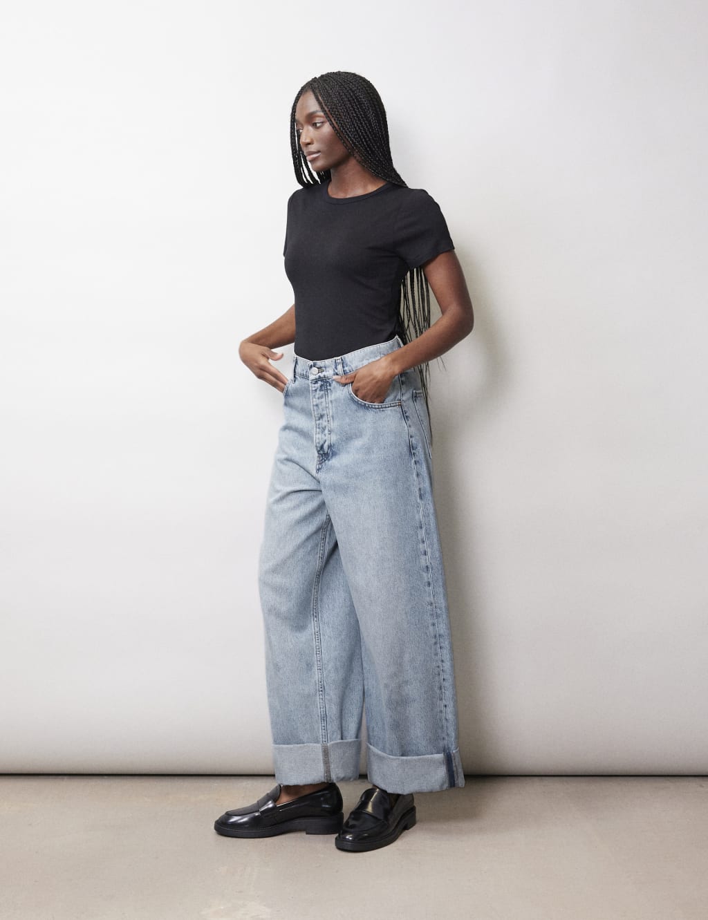 Albaray Women's Mid Rise Wide Leg Turn Up Jeans - 10 - Blue Denim, Blue Denim