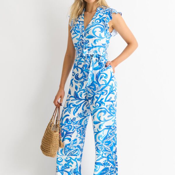 Blue Floral Ruffle Sleeeves Jumpsuit